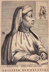 Half-length portrait of Filippo Brunelleschi, engraved by Nicolas de Larmessin and printed in <i>Académie des Sciences et des Arts</i>, by Isaac Bullart (Amsterdam: Elzevier, 1682).